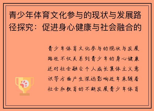 青少年体育文化参与的现状与发展路径探究：促进身心健康与社会融合的多维视角